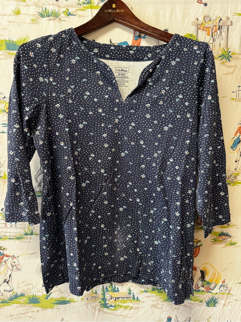 L.L. Bean Navy Floral Notch-Neck Women’s Top size medium 3/4 sleeves